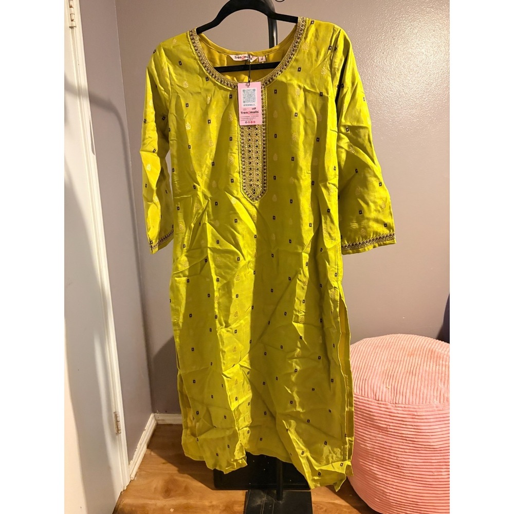 Trendmalls Traditional Kurta with Matching‎ Pants - Yellow/Green with Embroidery